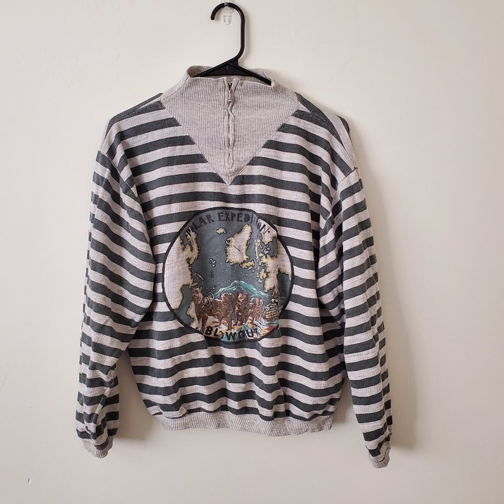 80s Grey Striped Quarter-Zip Sweatshirt with Sled Dogs